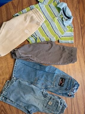 🛝2T Striped Polo Shirt with Multiple Pants Bundle - Green & Blue *Flawed*